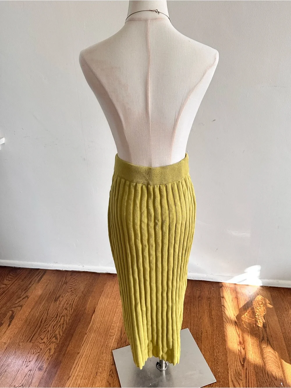 Ribbed Knit Chartreuse Two Piece Top & Midi Skirt Set Medium